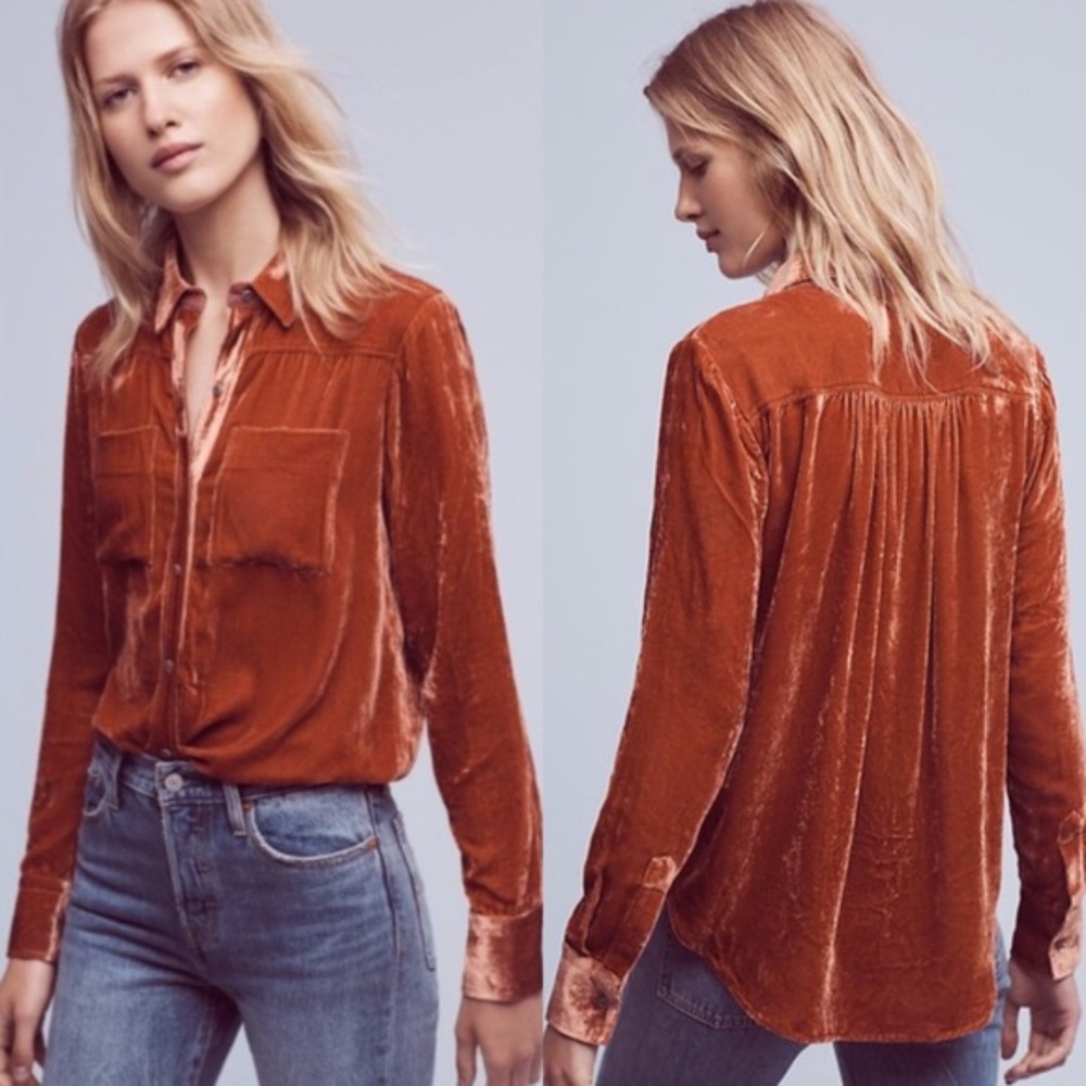 Anthropologie Velvet Button Down Burnt Orange